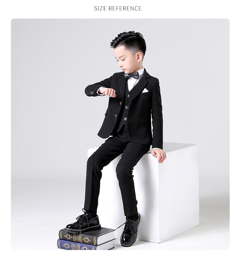 Luomeng Children's Suit Set for Boys, Flower Boy Formal Wear, Autumn Wool Suit for Piano Performance, Black Wool 5-Piece Set, Size 160 21