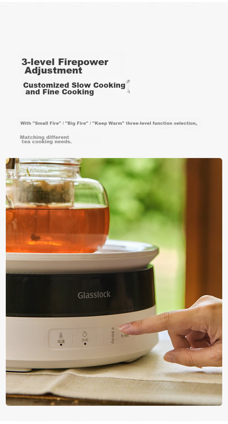 GLASSLOCK Tea Brewing Set with Simulated Charcoal Fire, All-Glass No Glue Health Tea Pot, Constant Temperature Tea Maker with Electric Ceramic Stove Heater, New Year's Gift 25