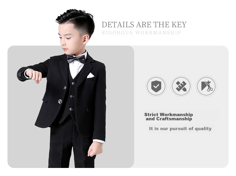 Luomeng Children's Suit Set for Boys, Flower Boy Formal Wear, Autumn Wool Suit for Piano Performance, Black Wool 5-Piece Set, Size 160 6