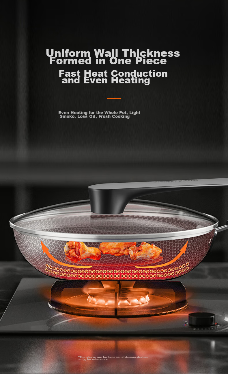 Joyoung Non-Stick Wok, 304 Stainless Steel Honeycomb Wear-Resistant Flat-Bottom Frying Pan, Compatible with Stove, 32cm, Visible And Removable Lid 8