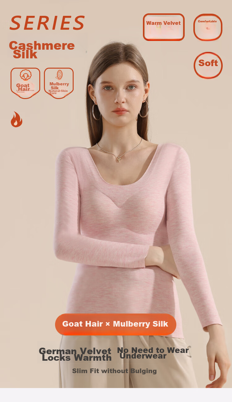 MiiOW New Thermal Underwear for Women with Chest Pads, Warm Base Layer, Contains Cashmere And Silk, Long Sleeve, Pink, XL 1