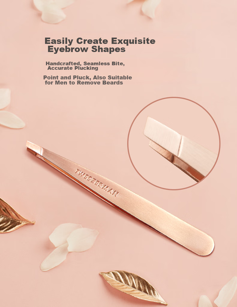 Tweezerman Imported Stainless Steel Diagonal And Pointed Tweezers Set, High-Precision Tweezers with Rose Pink Leather Case, Gift 2