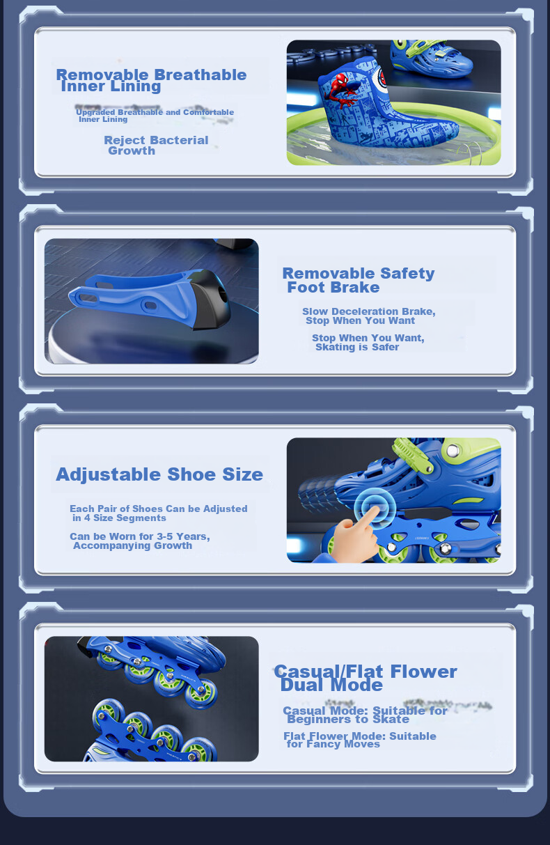 Disney Roller Skates for Children, Professional Girls' And Boys' Beginner Inline Skates, Ice Skating Shoes, Dry Ice Straight-Wheel Roller Skates, Spider-Man Set M 6