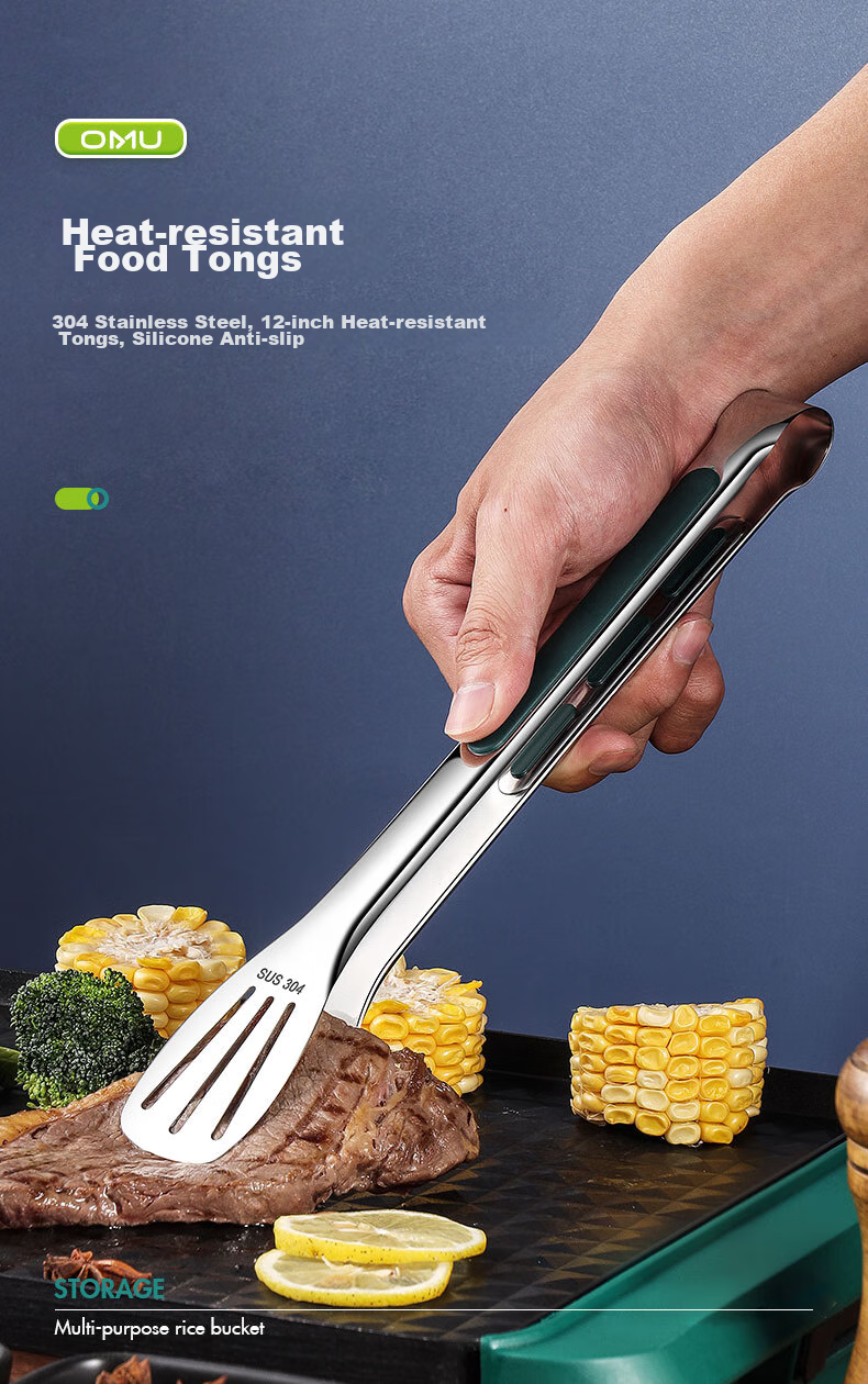 AOmeiyou 304 Stainless Steel Tongs, Multifunctional Food Tongs for Barbecue, Bread, Cake, Steak, Extended 12 Inches 2