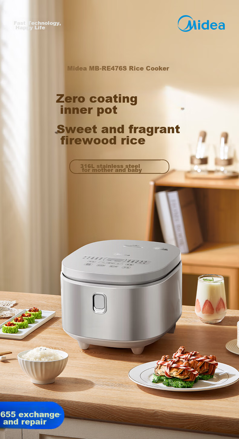 Midea Rice Cooker, Non-Coated Electric Rice Pot, 4 Liters, 316L Stainless Steel Inner Pot, for 3-4 People, Home Use, Multifunctional, No Coating, Micro-Pressure, Smart Reservation, MB-RE476S 4