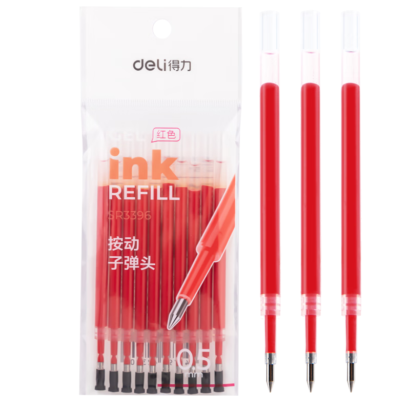 Deli 0.5mm Red Bullet Tip Retractable Pen Refill Smooth Gel Ink for Students and Teachers Compatible with S01/S08/1008/K35 Red 10pcs/Bag SR3396
