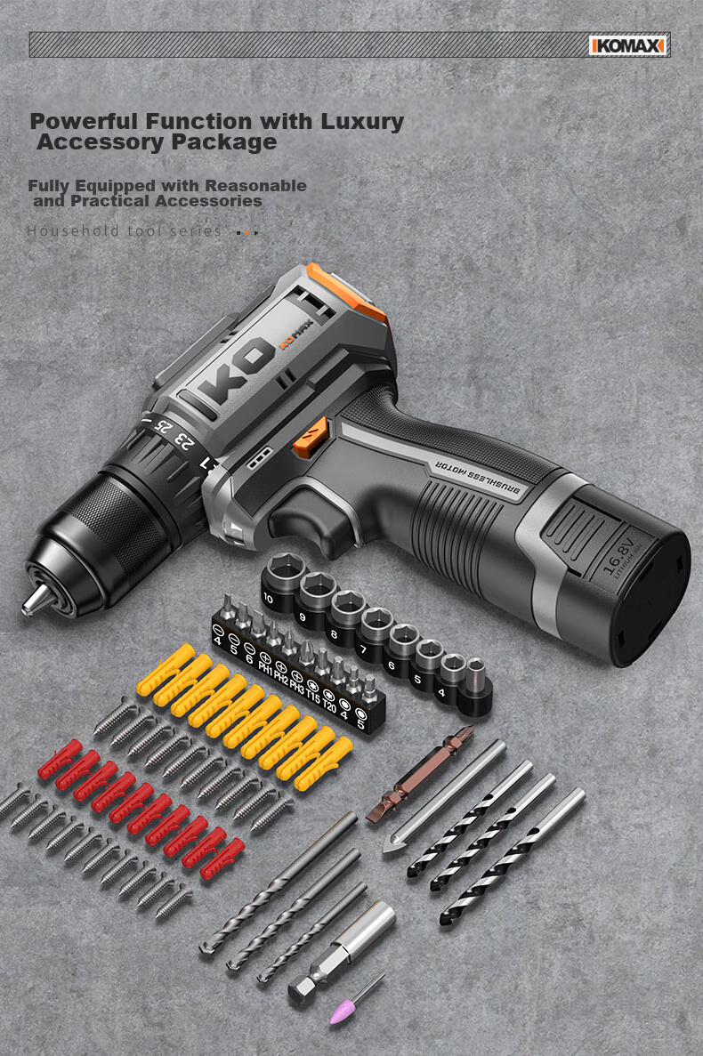 KOMAX Electric Drill, Cordless Screwdriver, Lithium Battery Drill, Household Rechargeable Screwdriver Machine, Electric Tool Box Set 18