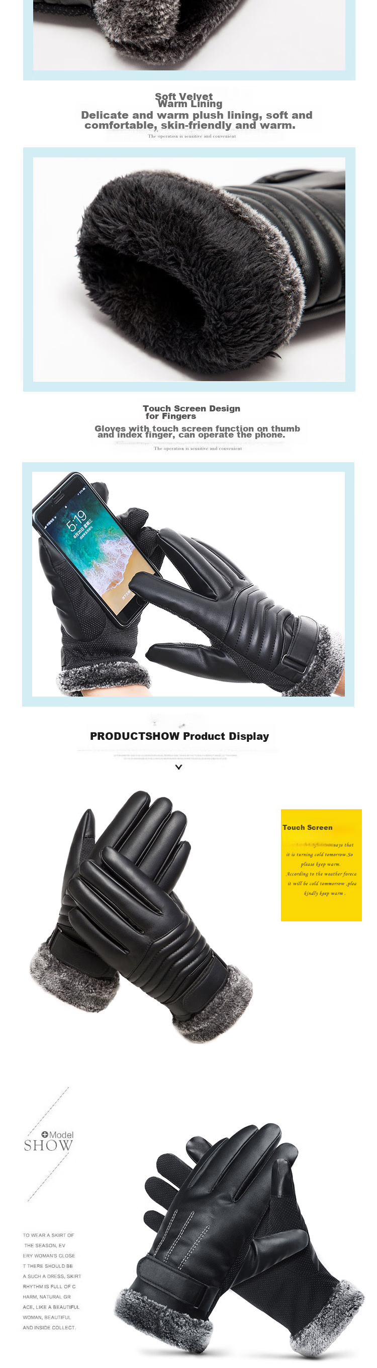 BWNK Leather Gloves for Men, Winter Korean Style, Fleece-Lined Thickened Warm Touchscreen Compatible Outdoor Motorcycle Cotton Gloves, Black 3