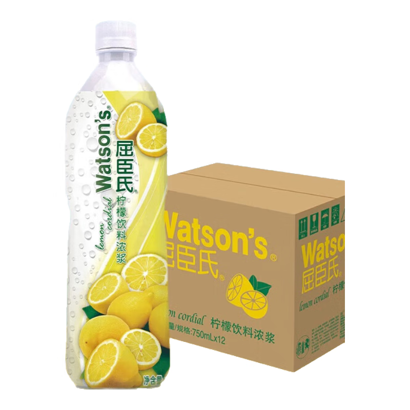 屈臣氏（Watsons）柠檬浓缩汁原液饮料1:4浓浆果汁750mL*12瓶整箱装
