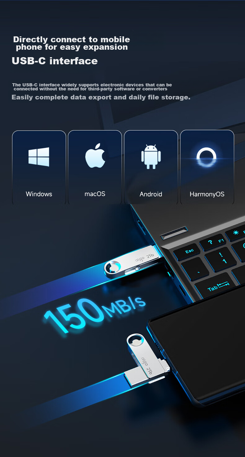 Aigo 64GB Type-C USB3.2 Mobile Flash Drive U322 Silver Read Speed 150MB/s Dual Interface for Both Phones And Computers 7
