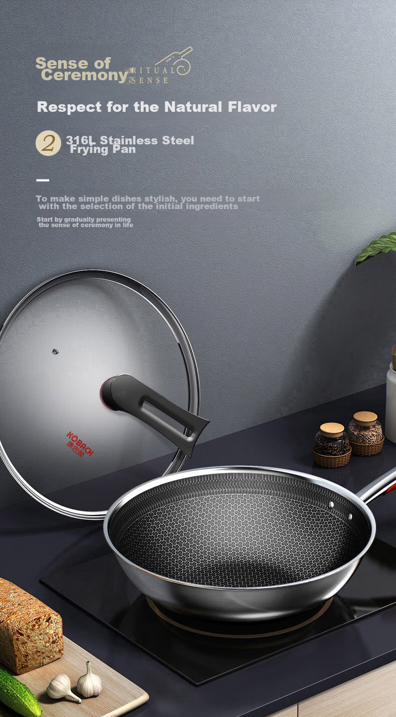KBH Non-Stick Wok, 316L Stainless Steel Frying Pan, 32cm Honeycomb Flat Bottom Skillet, Compatible with Induction And Gas Stoves 7