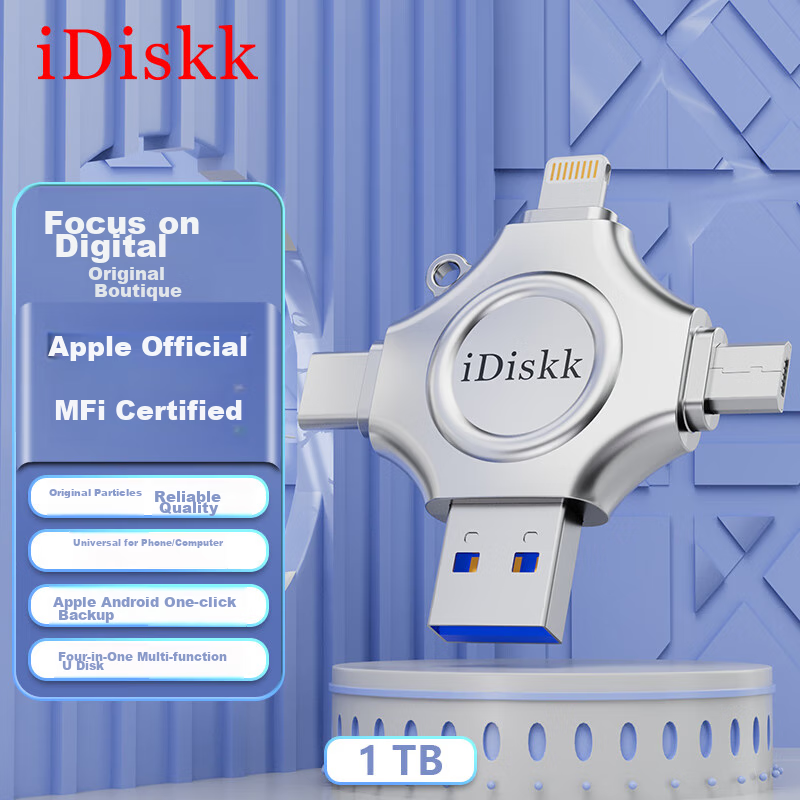 IDiskk 1TB MFi Certified Four-In Phone USB Drive, Type-C Direct Connection to Computer, Large Capacity Storage, Compatible with Huawei, Android, Apple 15 IPhone 16, Photo Backup Flash Drive