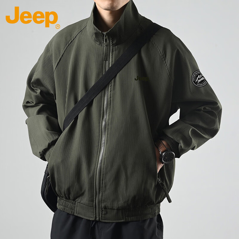 JEEP Men's Jacket, Spring And Autumn Outerwear, Loose-Fitting Trendy Stand-Collar Casual Clothing for Men, Army Green, 2XL