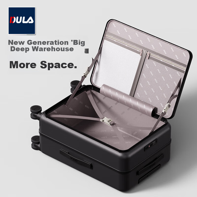 DULA Side-Opening Multifunctional Luggage, Large Capacity Business Suitcase with Wheels, Password Lock for Men And Women, Travel Case, Glossy Black, 20 Inch