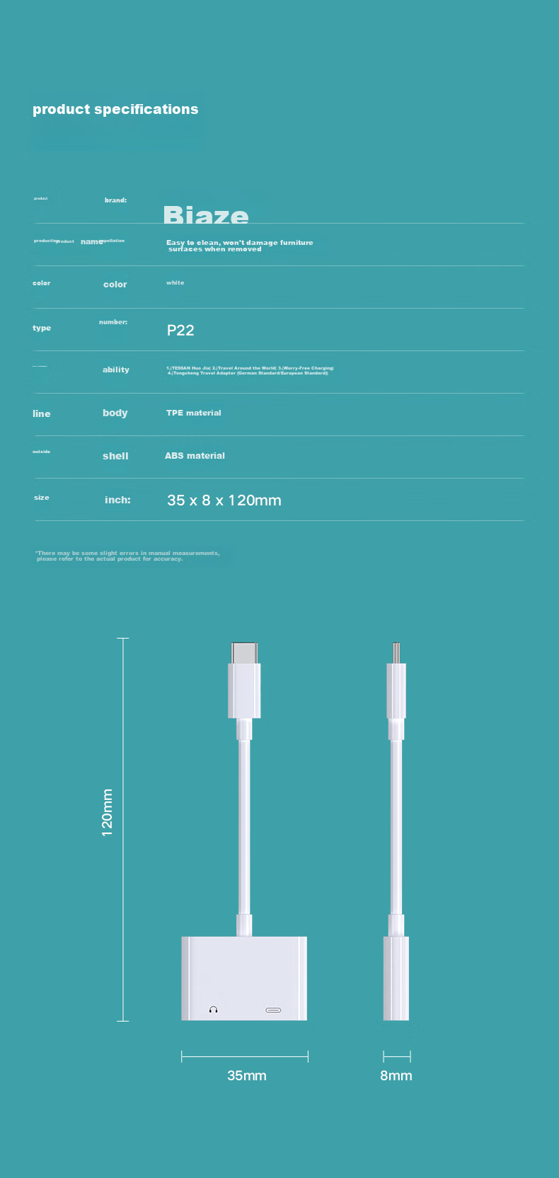 BIAZE Type-C to 3.5mm Adapter Compatible with Huawei P70 Mate 70 Pro, Xiaomi K50, Calling And Charging P22 14