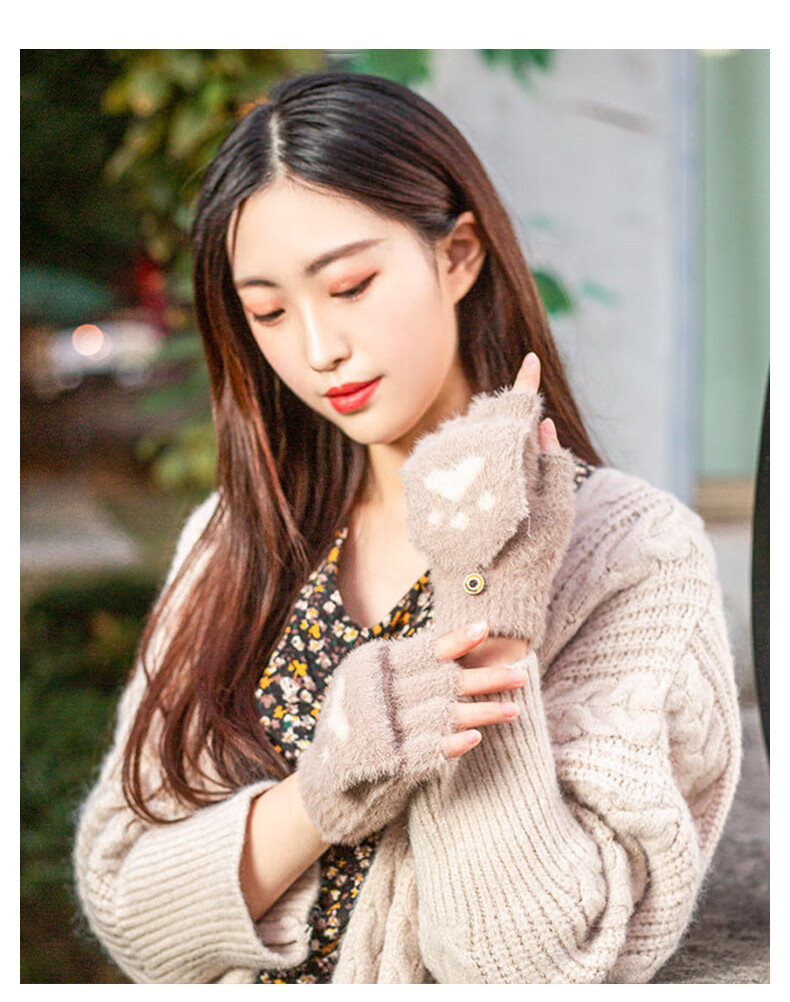 GRGN Unisex Winter Half-Finger Flip-Up Fleece-Lined Thickened Cute Knitted Fingerless Gloves 1