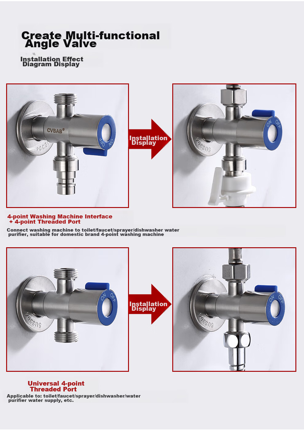 CVBAB Angle Valve, One Inlet Two Outlets, Three-Way, 1/2 Inch And 3/8 Inch Dual-Use Toilet Angle Valve, One-Inlet Two-Outlets Double-Opening Washing Machine Faucet CV1117 10