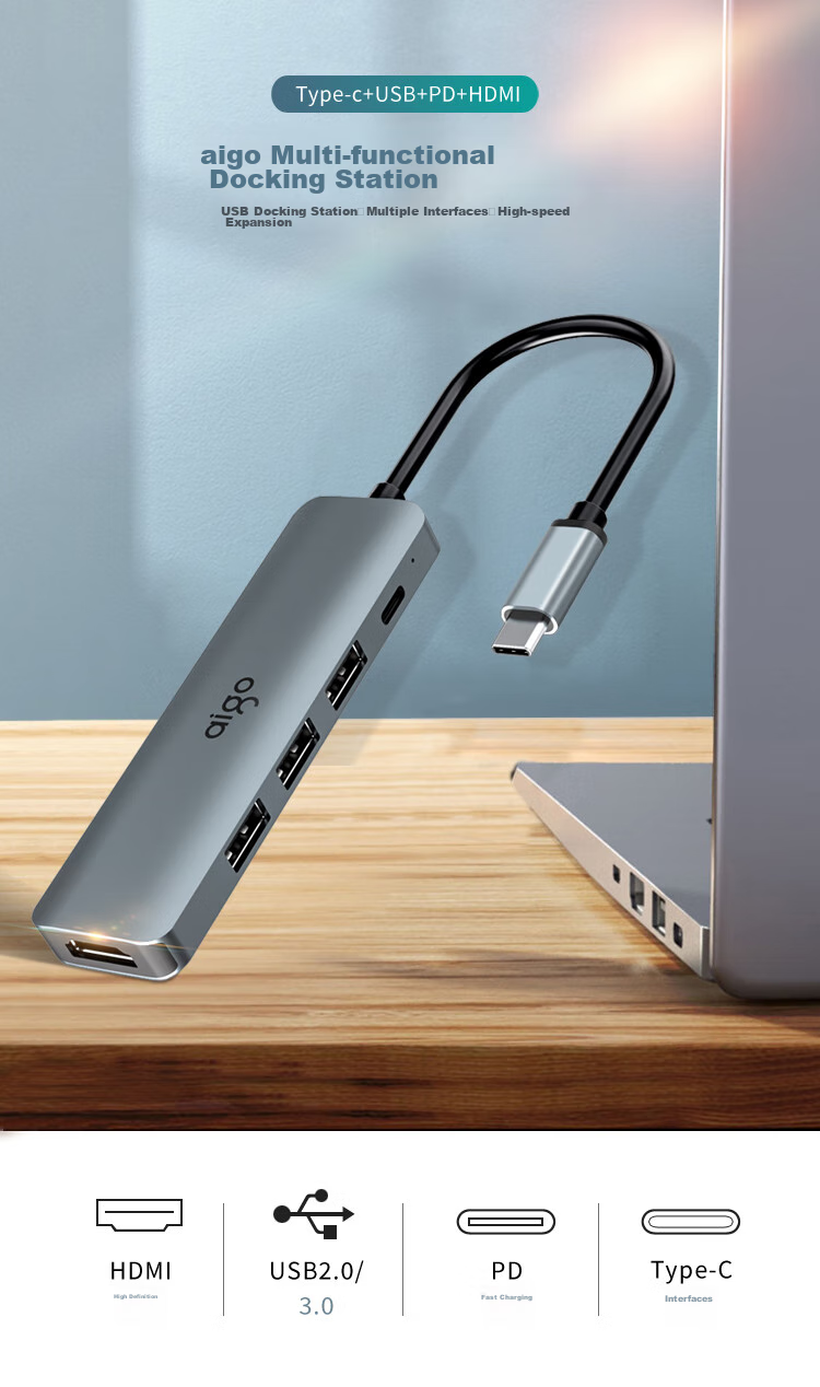 Aigo Type-C Expansion Dock, USB3.0 Hub, Gigabit Ethernet Port Adapter, HDMI/VGA Converter, SD/TF Card Reader, PD100W Power Supply Expansion Dock T11 (Metal) 1
