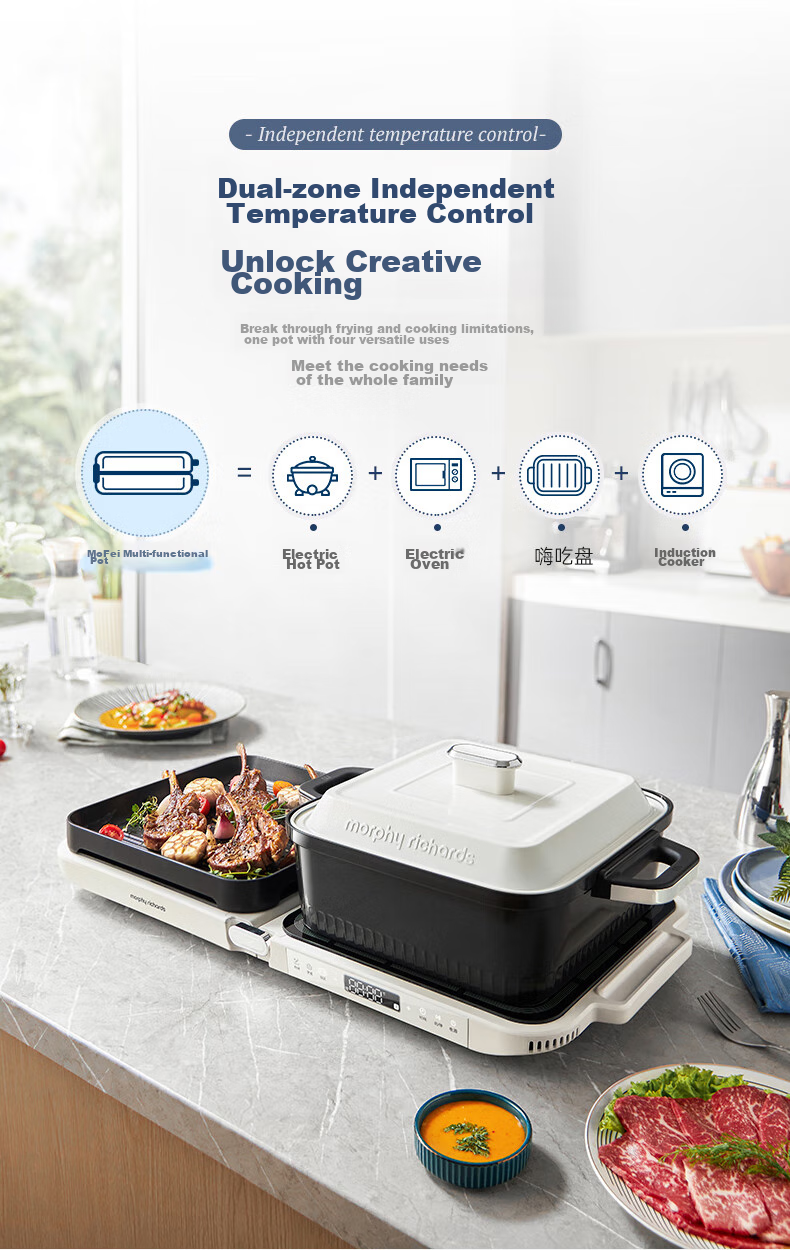 Morphyrichards Third-Generation Foldable Multi-Function Pot, Home Party Barbecue Grill, Electric Griddle, Hot Pot, Electric BBQ Stove, All-In Independent Temperature Control Non-Stick Barbecue Meat Pot MR9188 Blue 11