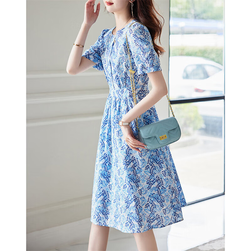 Dme [Monet Garden] Summer French Cloud Cotton Puff Sleeve High-Definition Printed Fitted Comfortable Easy-To A-Line Dress