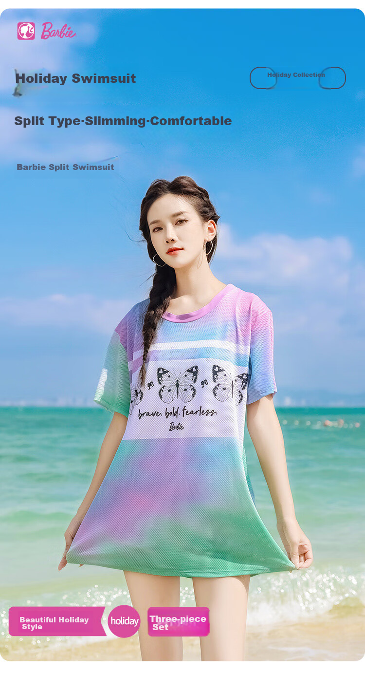 Barbie [Three-Piece Set] Women's Two-Piece Swimsuit, Tummy Control Slimming Boyshort Swimwear for Beach Vacation And Hot Springs 2