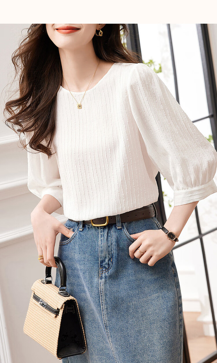 Dme [French Textured Shirt] Summer Commuter Round Neck Lantern Sleeve Blouse Women's Top, Off-White, L 20