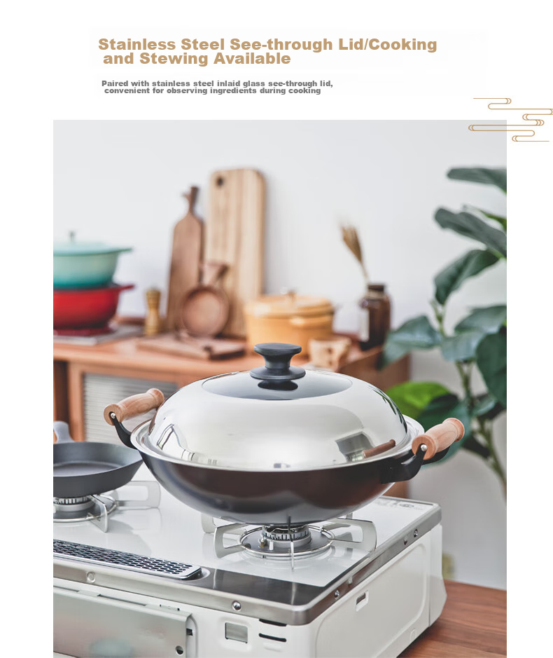 Dianjiang Wok, Iron Pan, Large Size, Uncoated, Cooking Pot for Home Use, Round Bottom Cast Iron Pan, Deep, Suitable for Gas Stove, 40cm 9