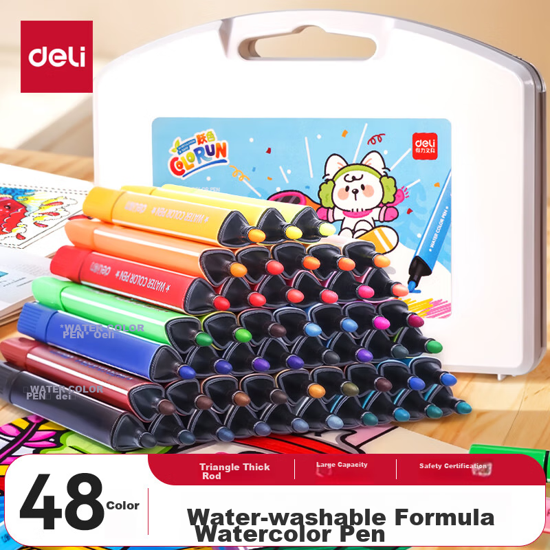 Deli 48-Color Washable Watercolor Markers, Easy-Grip Thick Triangular Student Children's Coloring Pens Set, Stationery Gift Drawing Supplies for Girls Children Gift Sketch Watercolor Pens