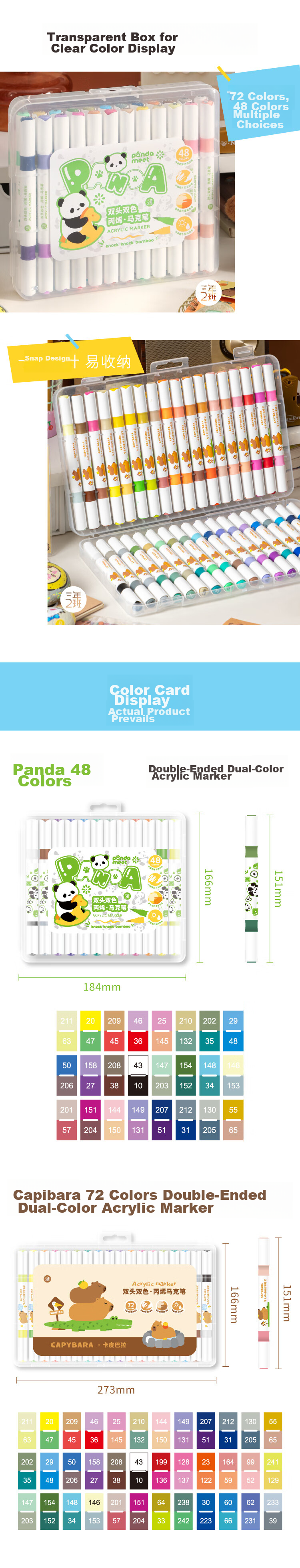 Sannianerban Panda 48-Color Dual-Tip Acrylic Markers, Children's Kindergarten Soft Tip Oil-Based Watercolor Pens, Drawing Pens, Washable Colored Pens, Birthday Graduation Gift Stationery New Year's Day Festival 48 Colors 6