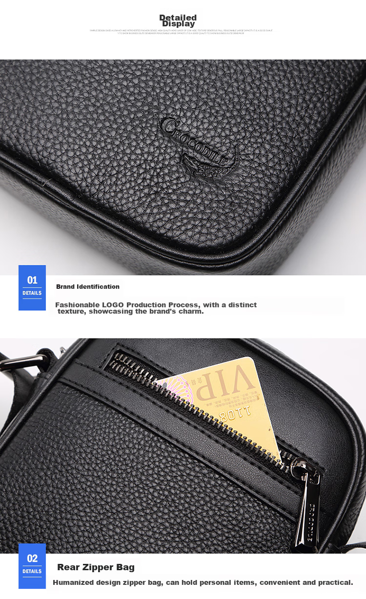 CROCODILE Top-Grain Leather Youth Shoulder Bag, Men's Fashionable Phone Pouch, Versatile Crossbody Small Bag, Birthday Gift T2397 15