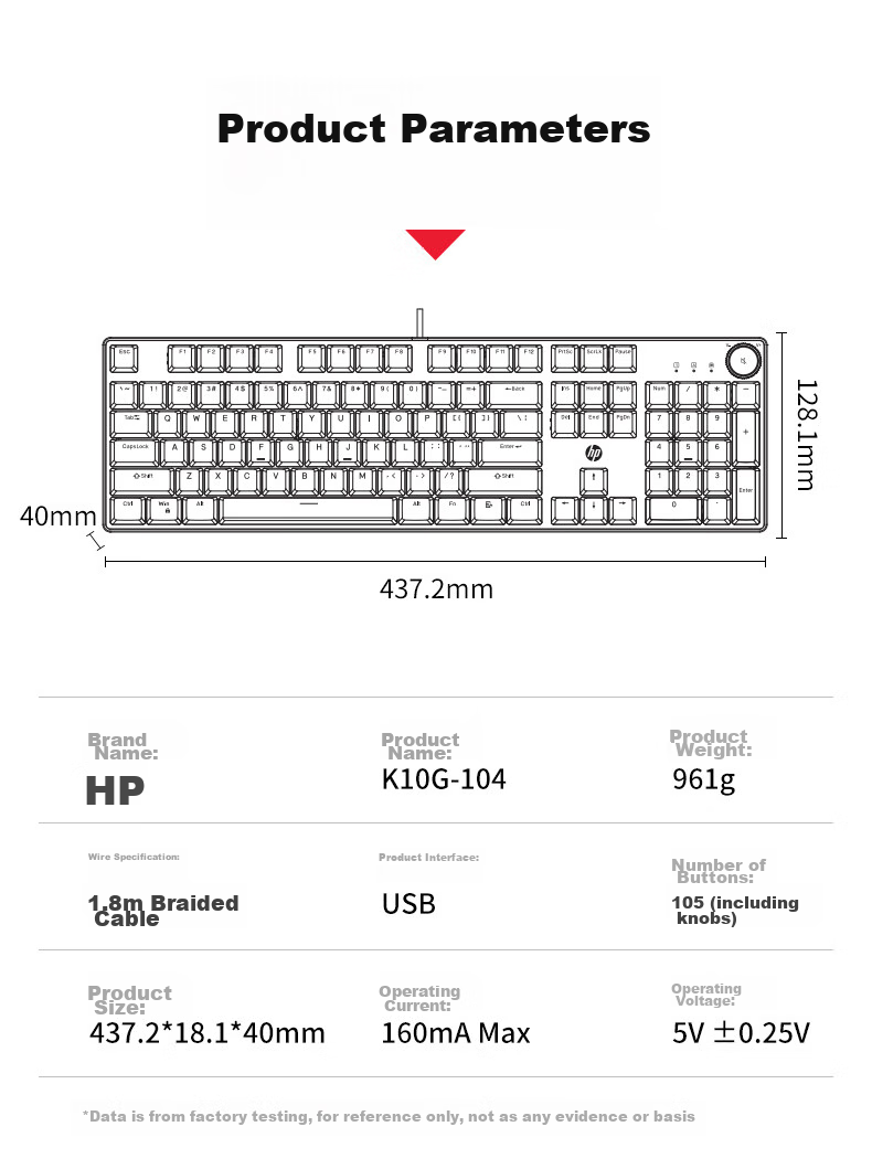 HP K10G-104 Key Blue Switch Mechanical Keyboard Wired High Aesthetic Value Ice Blue Gaming Keyboard E-Sports Internet Cafe Metal Panel Full Key Anti-Ghosting Hot-Swappable 18