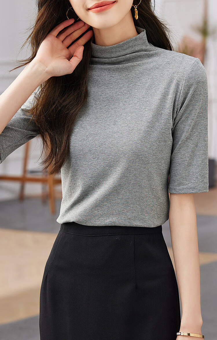 Dme [High-Elastic Simple Mid-Sleeve Base Shirt], Autumn Stand-Up Collar Slim-Fit Women's T-Shirt 15