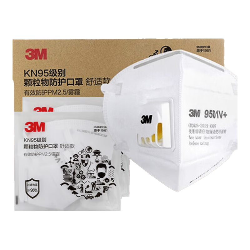 3M KN95 Dust Mask, Anti-Smog, PM2.5 Protection, Industrial Dust, Droplet And Particle Protection, Pollen Protection, 9501V+ Ear-Loop with Valve, 15 Pieces