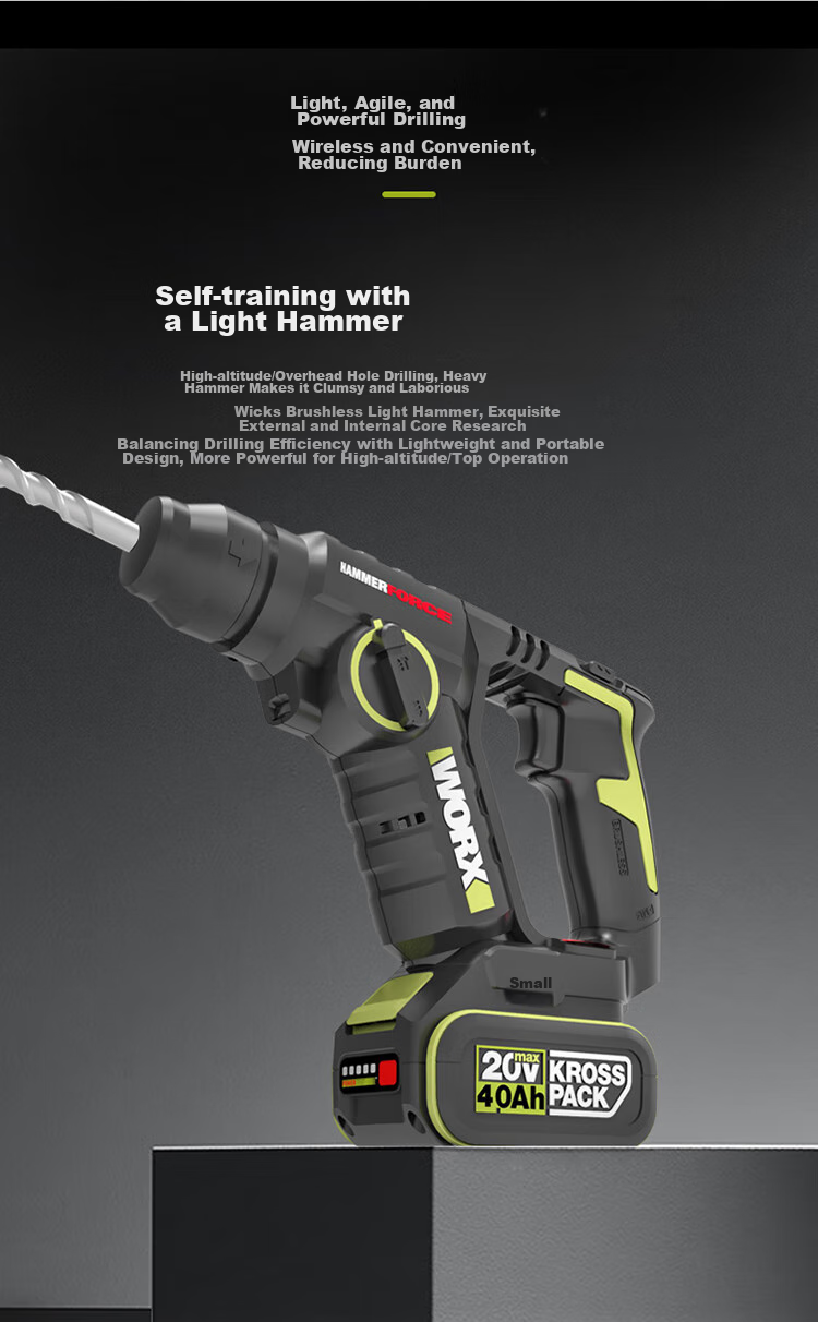 WORX 20V Brushless Lightweight Rotary Hammer Drill WU380S (4.0 Single Battery) Electric Drill, Rechargeable Dual-Use Lithium Battery Concrete Drill 5