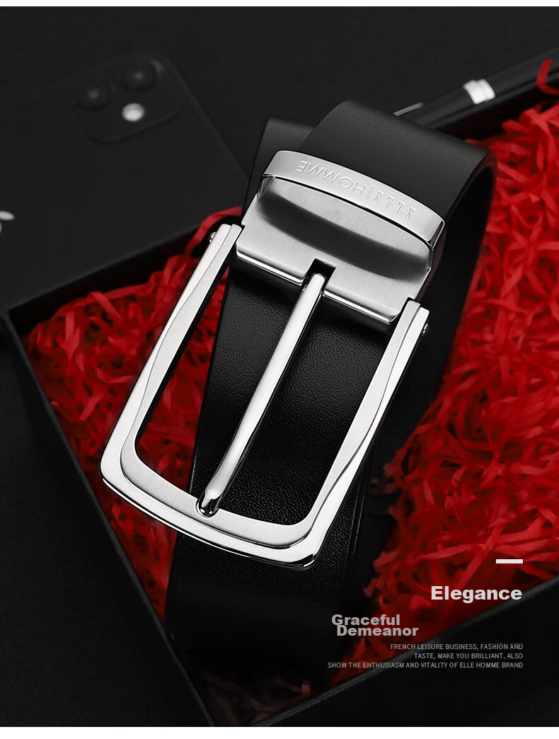 ELLE HOMME Men's Business Leather Belt, Top-Grain Cowhide Pin Buckle Waistband, Stainless Steel Buckle Trouser Belt, Birthday Gift for Me 2