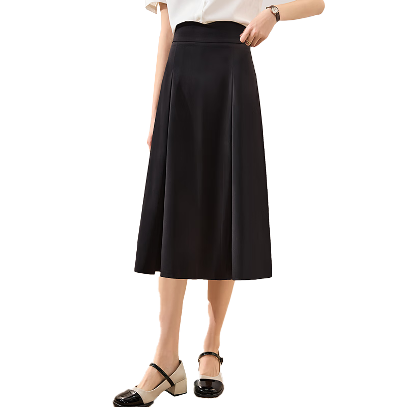 Chushen Spring And Autumn Midi Skirt for Women, Professional Commute OL Style, Black Mid-Length Draping High-Waist A-Line Flared Skirt S13JB2806