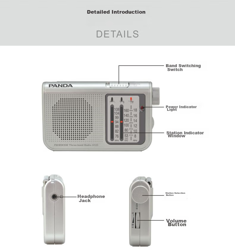 PANDA 6243 Radio Full Band Portable Illuminated Card Slot Small Gift for Elderly, Handheld Car-Mounted Backup Semiconductor, Black 7