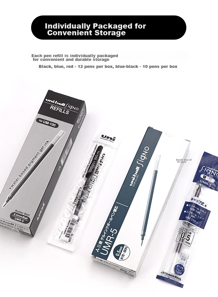 Uni Mitsubishi Ball UMR-5 Refill, 0.5mm Gel Pen Ink, Black Refill, Compatible with Signature Pens from UM-100 Series, Pack of 12 8