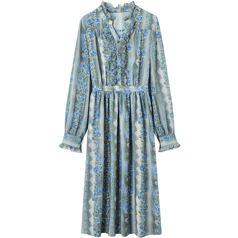 Dme [Huayao Crinkle Floral Print Dress], Spring And Autumn Stand-Collar Waist-Cinching Ruffle Trim Dress for Wome