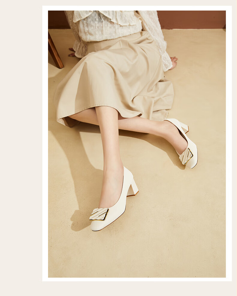 DAPHNE Square Toe Chunky High Heels for Women, Comfortable Shallow Mouth Elegant Fashion Shoes, Height-Increasing Commuter Women's Pumps, Beige, Size 36 9