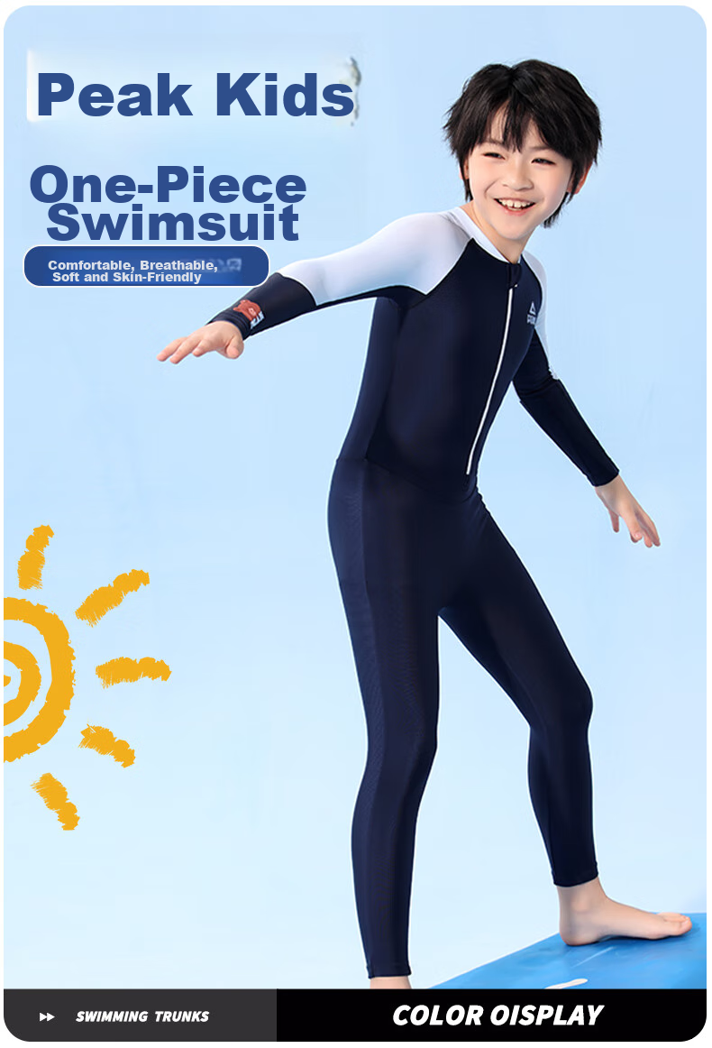 PEAK Children's One-Piece Long-Sleeve Swimsuit, Hot Spring Beach Sun Protection, Boys' Surfing Suit, Training Swimwear, Size 140 1