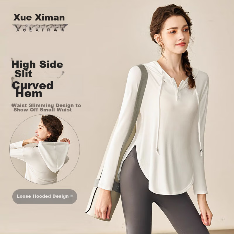XUEXIMAN Yoga Wear Sports Top for Women, Loose-Fitting Elegant Quick-Dry Long Sleeve Outer Wear Casual Jacket, Hooded Pilates Fitness Clothing