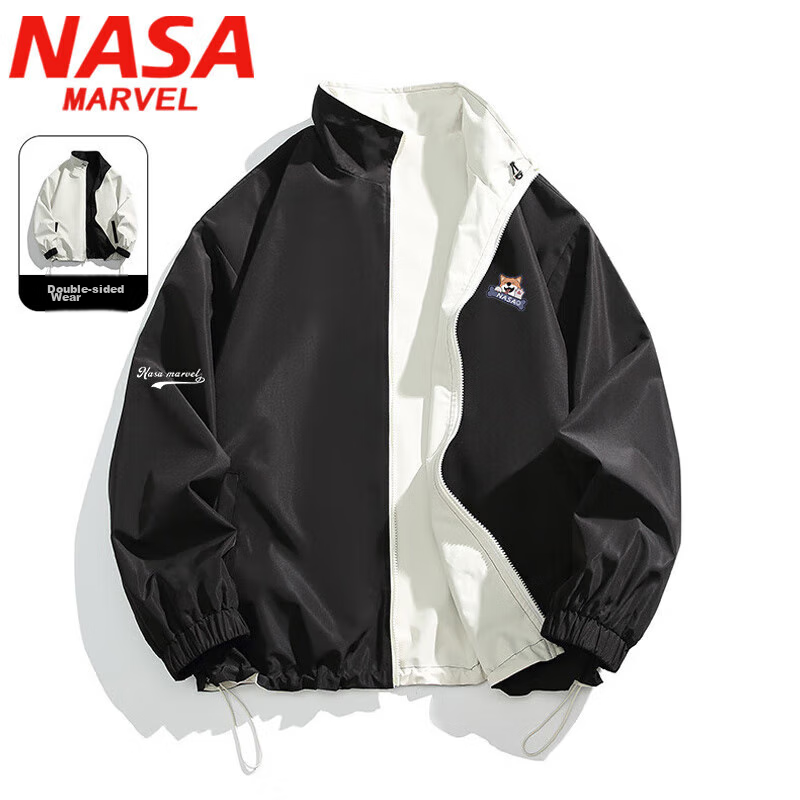 NASA MARVEL Jacket for Men, Spring And Autumn Outerwear, Zodiac Year Style, Stand-Up Collar, Reversible, Loose-Fitting Casual Top, Black, Size M