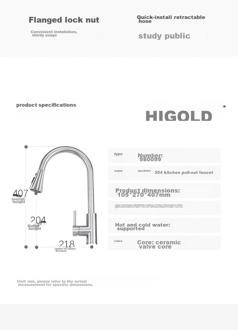 HIGOLD Kitchen Stainless Steel Pull-Out Faucet, Sink Hot And Cold Faucet with Automatic Retraction, Classic Brushed Finish 12