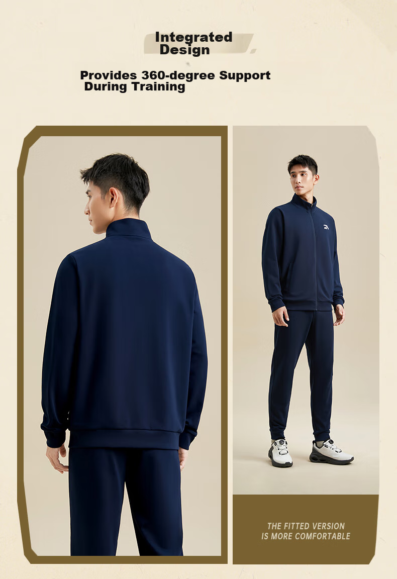 Anta Men's Fleece-Lined Sports Set Spring Windproof Stand Collar Zip-Up Jacket and Pants Sportswear Casual Pants 10