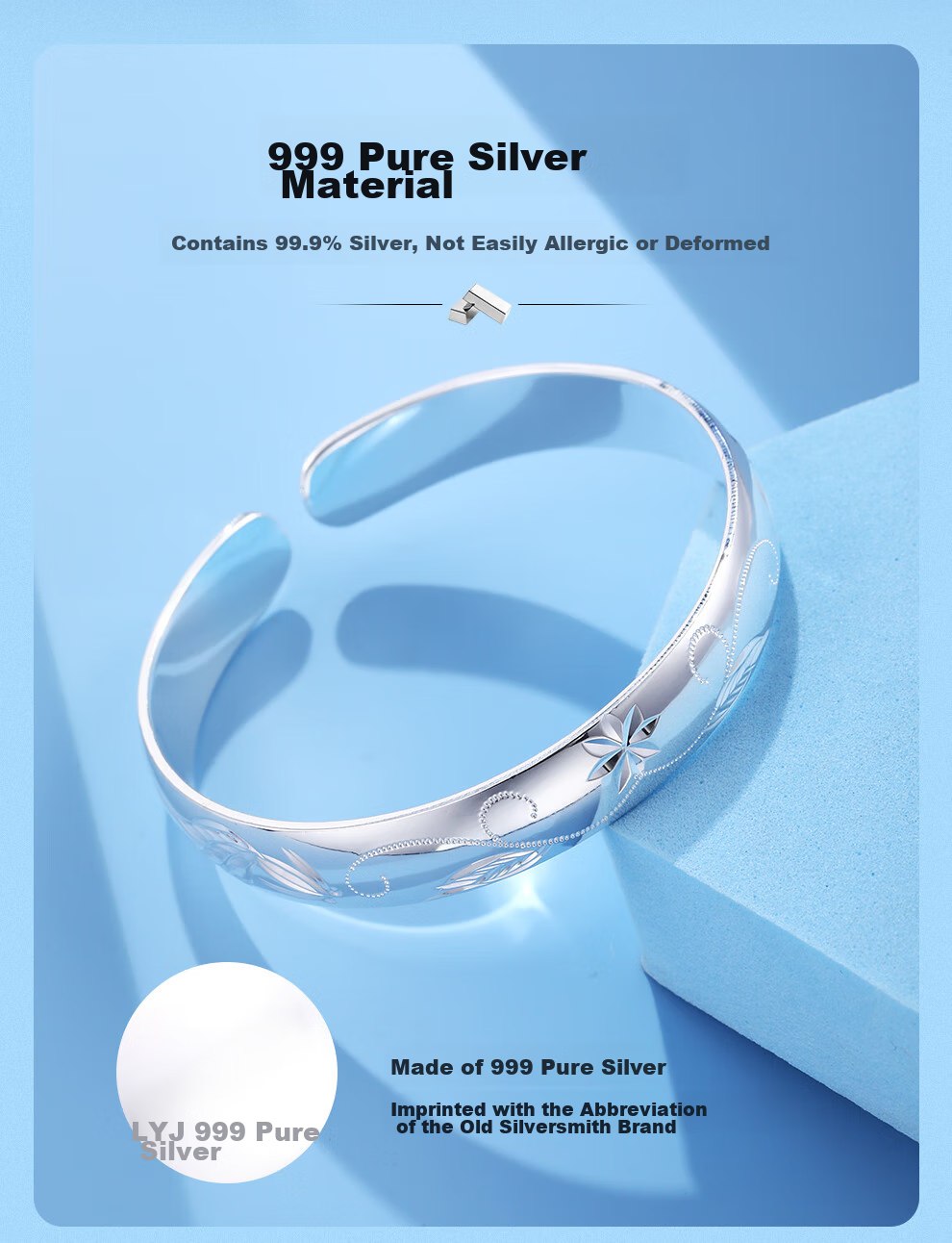 Laoyinjiang 999 Sterling Silver Bracelet with Fish Pattern, Adjustable Opening Width, Wide Surface, Silver Bangle for Women, Gift for Mom And Elderly 2