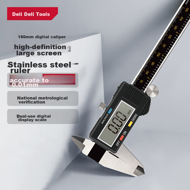 Deli High-Precision Vernier Caliper, Large HD Digital Display, Stainless Steel Precision Ruler, Complies with National Standards, 150mm