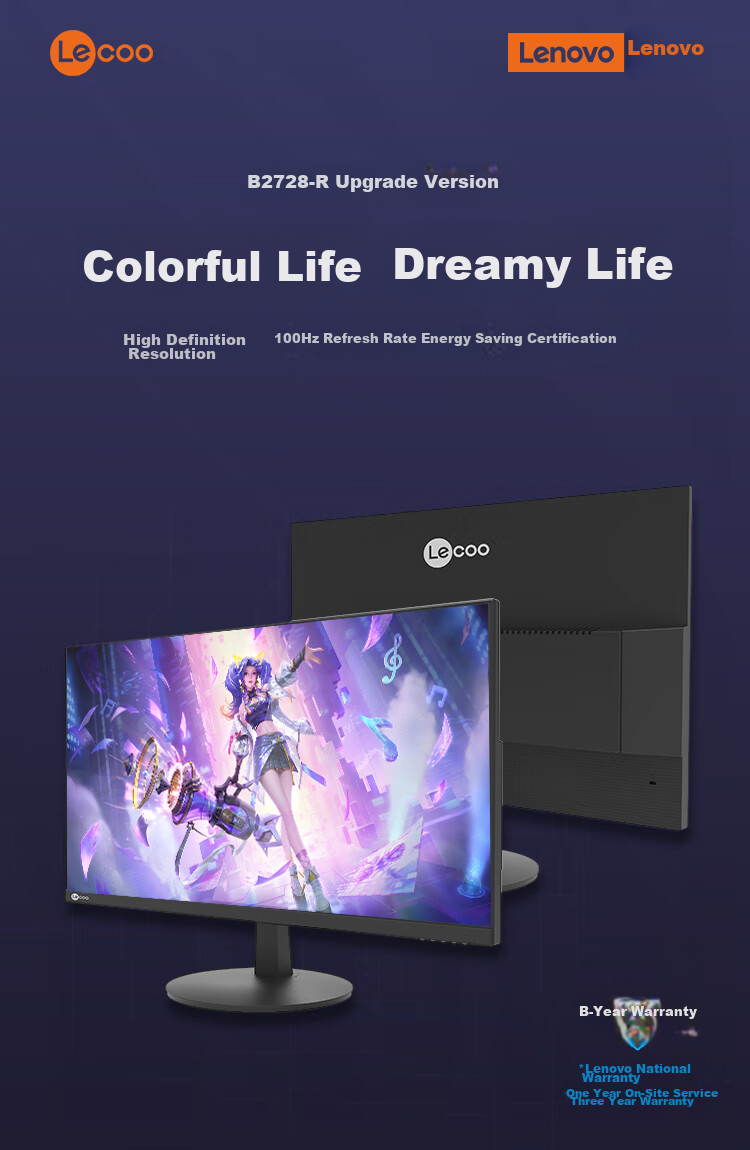 Lenovo Lecoo, 27-Inch IPS, 100Hz Refresh Rate, Full HD, 103% SRGB Wide Color Gamut, Narrow Bezel, Wide Viewing Angle, Computer Monitor for Office And Gaming, B2728-R 1