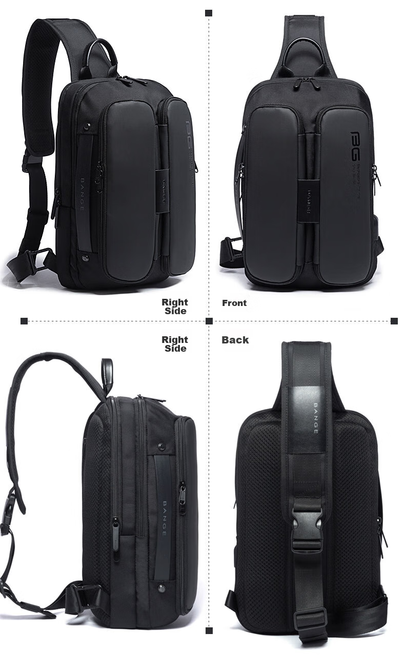 Bange Chest Bag for Men, Travel Shoulder Bag, Business Casual, Multi-Compartment, Large Capacity, Versatile, 11-Inch Tablet Crossbody Bag, Black 14