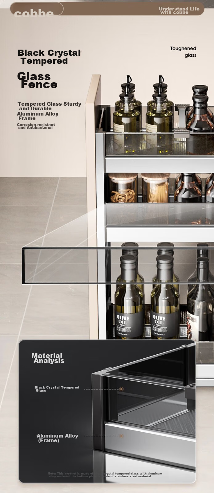 Cobbe Gunmetal Gray Kitchen Seasoning Basket Three-Tier Storage Drawer Cabinet Under-Shelf Thickened Built-in Pull-Out Spice Rack 8
